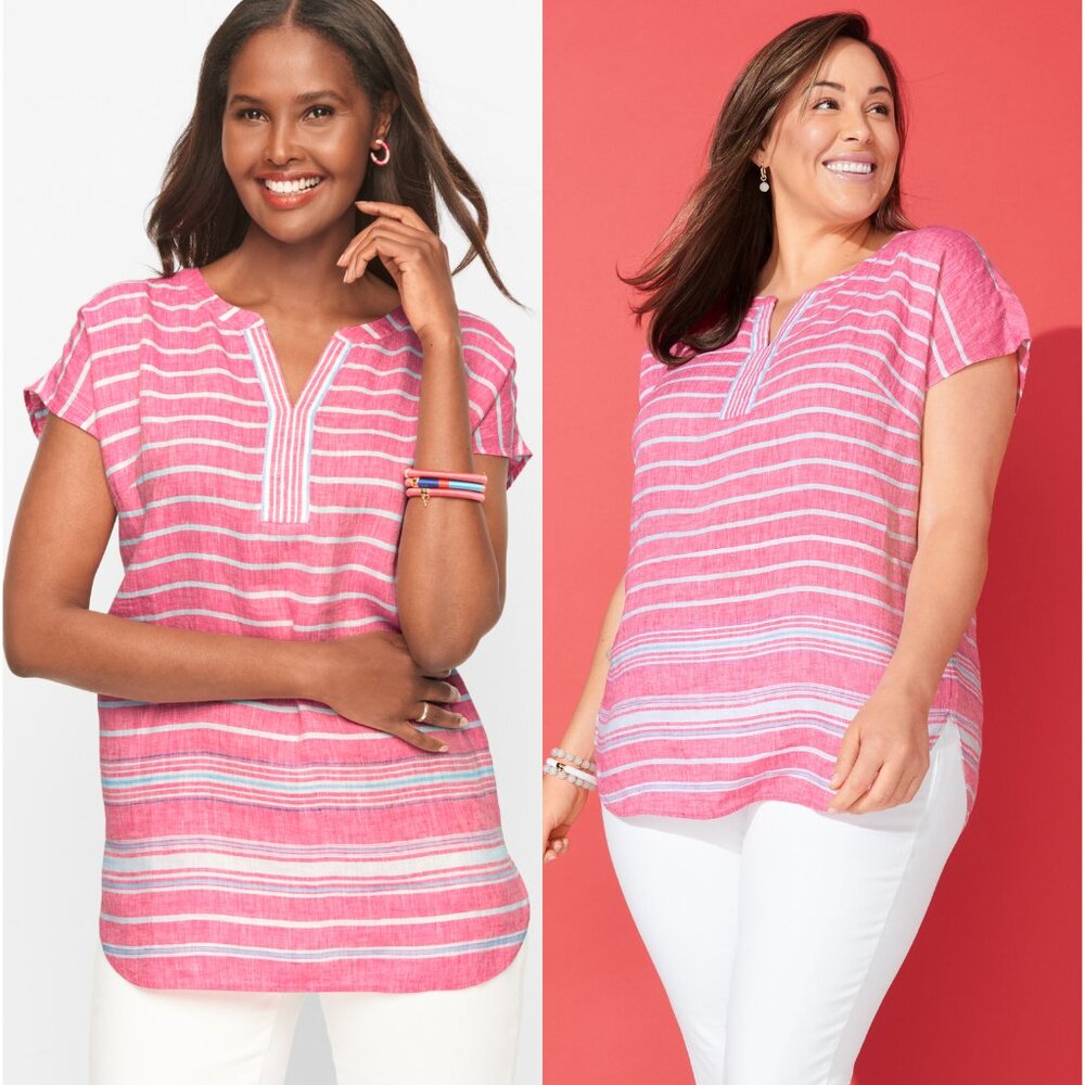 TALBOTS Linen Popover Top Pink Boardwalk Stripe Size L
